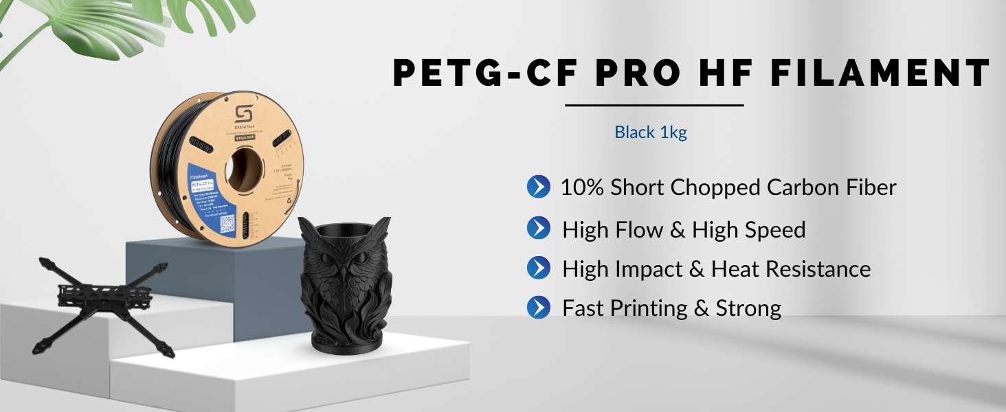 PETG-CF Pro HF Filament packaging with a spool and 3D printed object on a white background